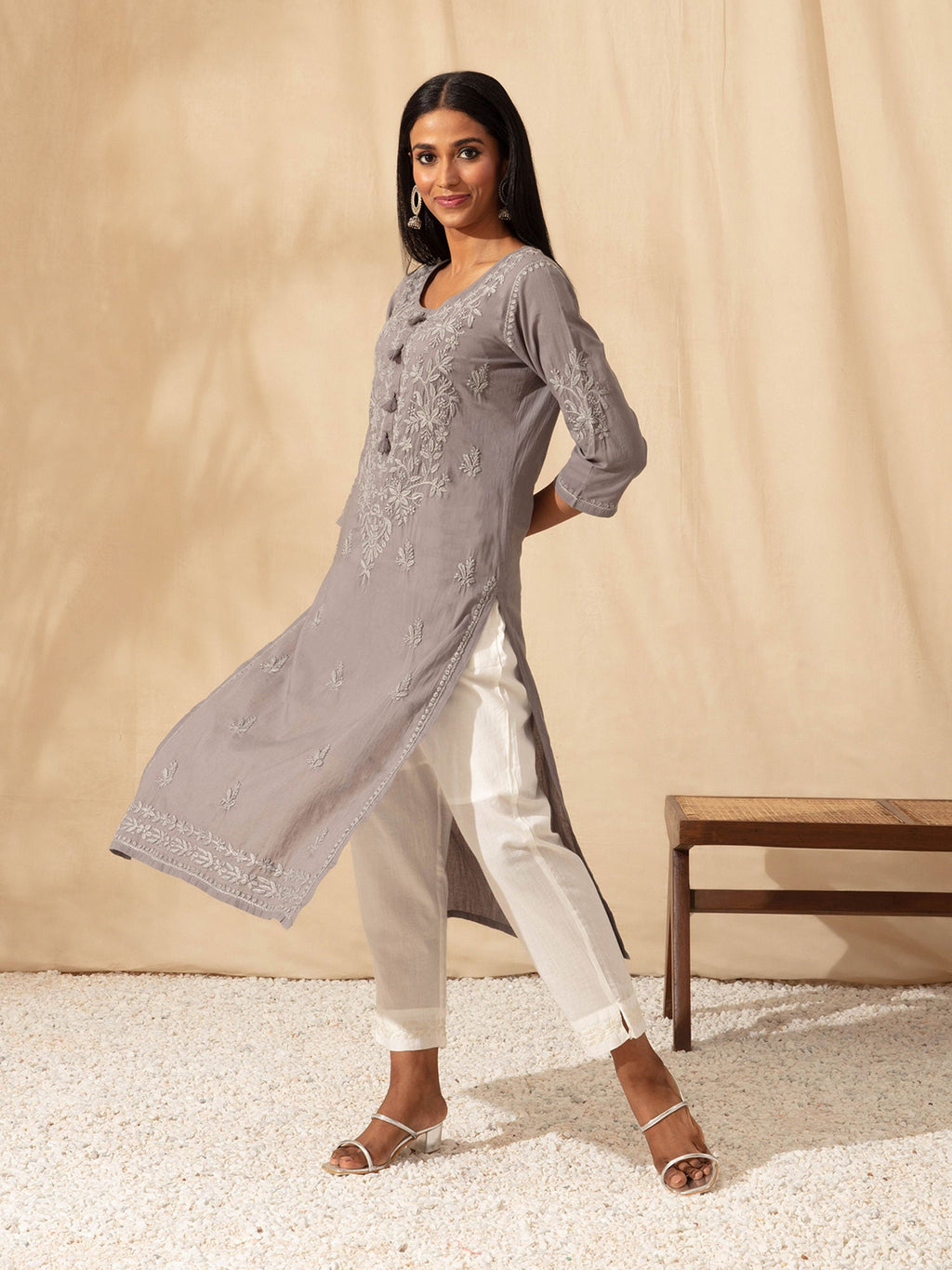 Likha Grey Kurta Palazzo Dupatta Set with Tonal Chikankari Embroidery LIKSKD276 (Set of 2)