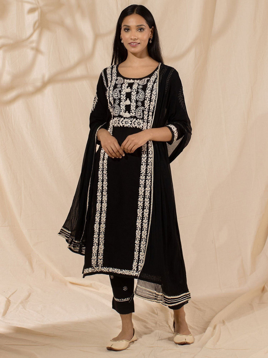 Likha Black Chikankari Kurta Pant & Dupatta LIKSKD33 (Set of 3)