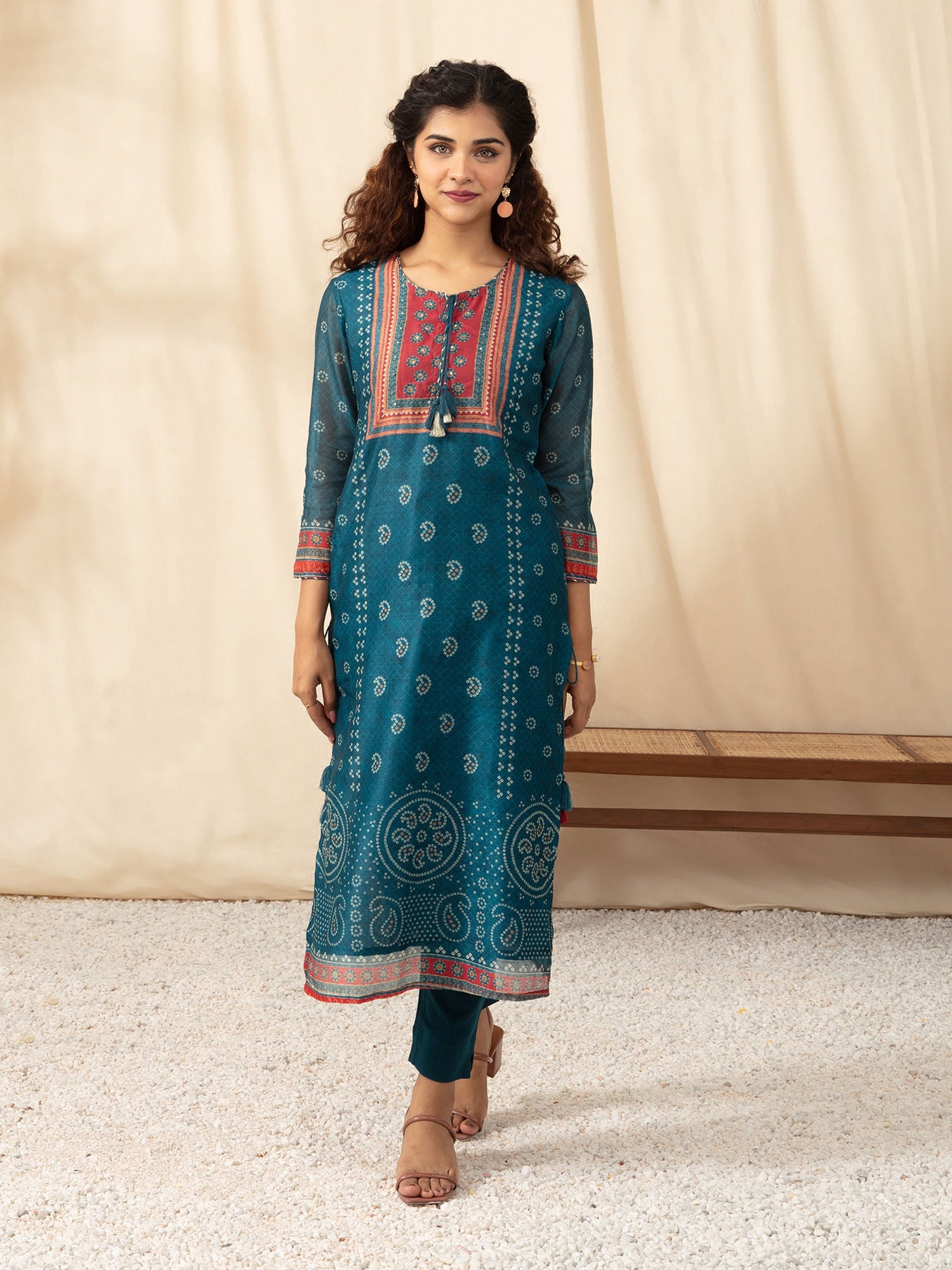 Likha Blue Printed & Embroidered Chanderi Kurta Pant Dupatta LIKSKD99 (Set of 3) - M