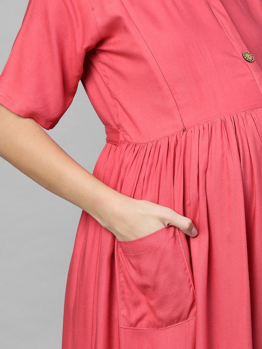 MomToBe Peach-Coloured Solid Maternity Nursing A-Line Midi Dress