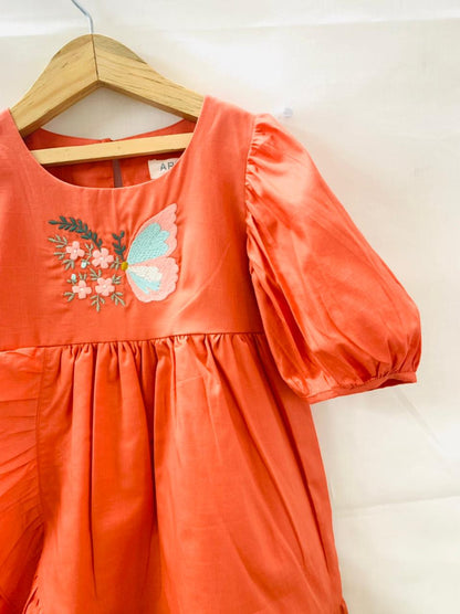 ArthLife Orange Butterfly Embroidered Dress