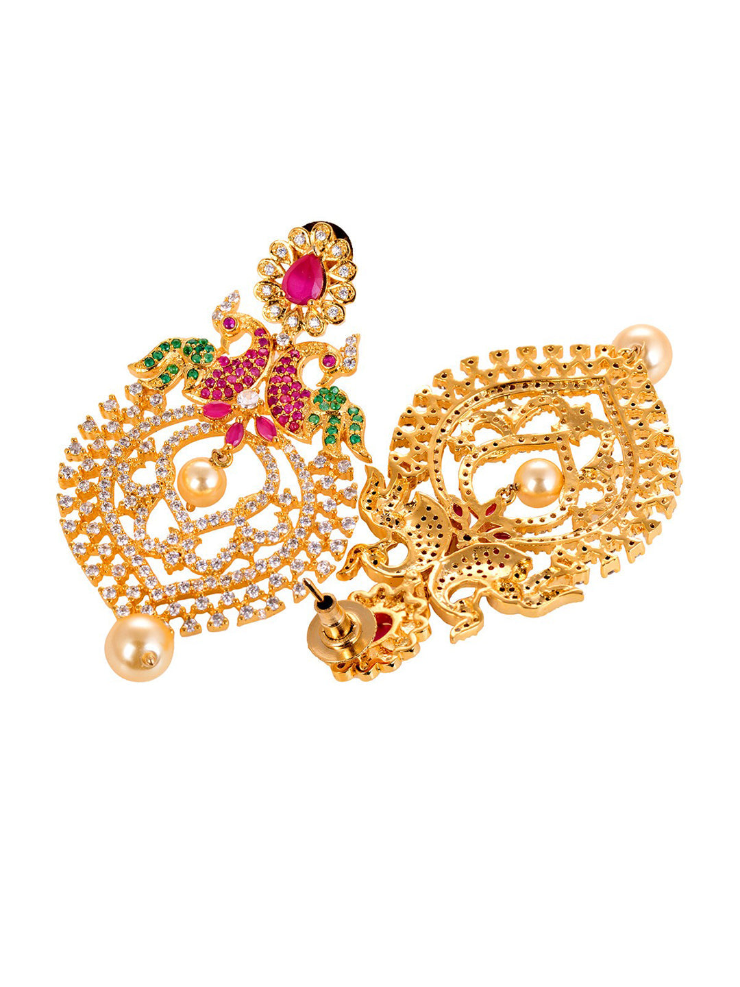 Saraf RS Jewellery Gold-Polished Green & Pink American Diamond Studded & Beaded Handcrafted Jewellery Set