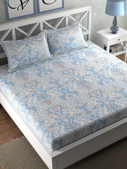 CHHAVI INDIA Blue & White Ethnic Motifs 210 TC King Bedsheet with 2 Pillow Covers