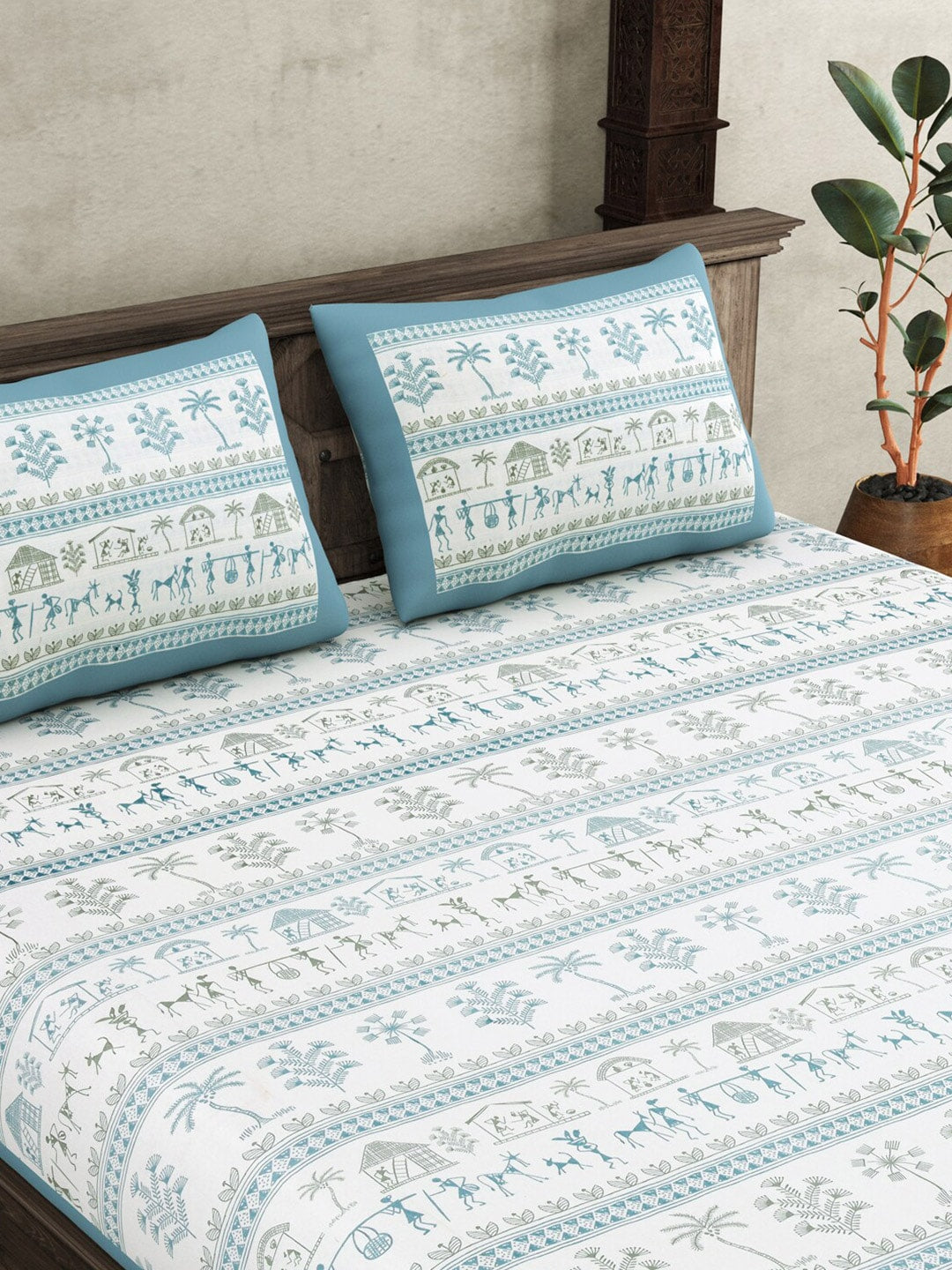 JAIPUR FABRIC Blue Ethnic Motifs Cotton 250 TC Super King Bedsheet With 2 Pillow Covers