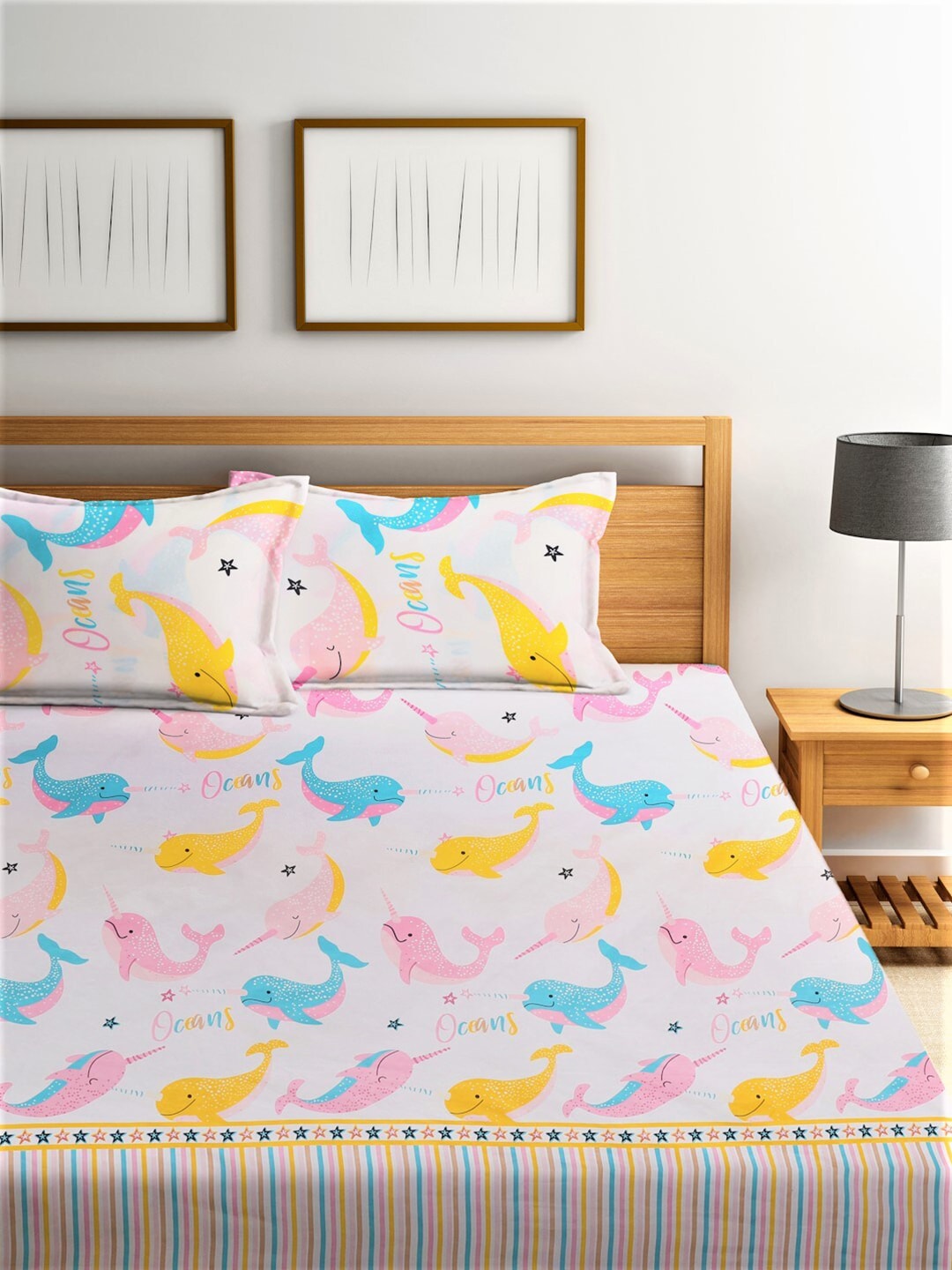 Home Sizzler Pink & Blue Cartoon 210 TC Cotton Bedsheet with Pillow Covers