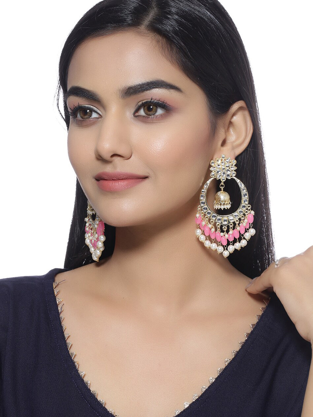 Shoshaa Pink & Gold-Toned Contemporary Kundan Drop Earrings With Pearls