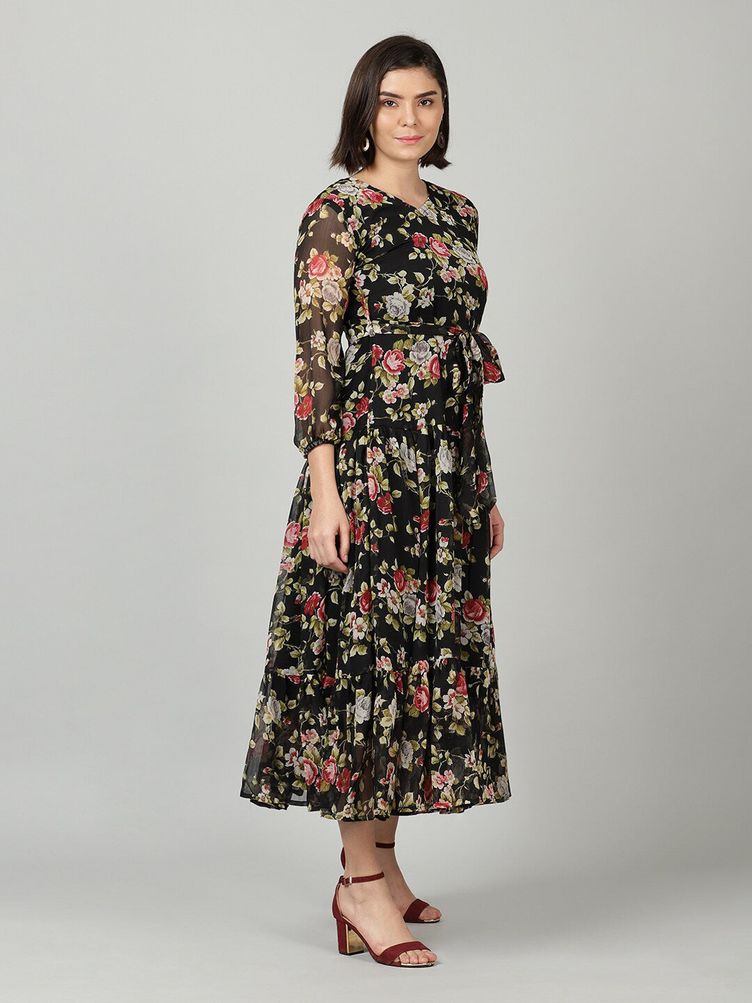 Souchii Black & Pink Floral Chiffon Midi Dress