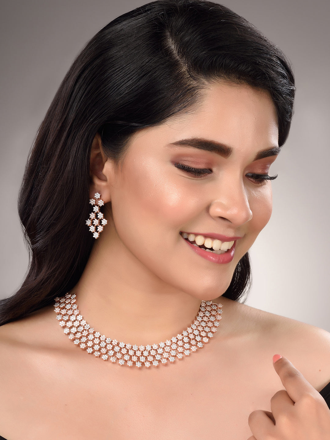 Saraf RS Jewellery White Rose Gold-Polished AD Studded Necklace Jewellery Set