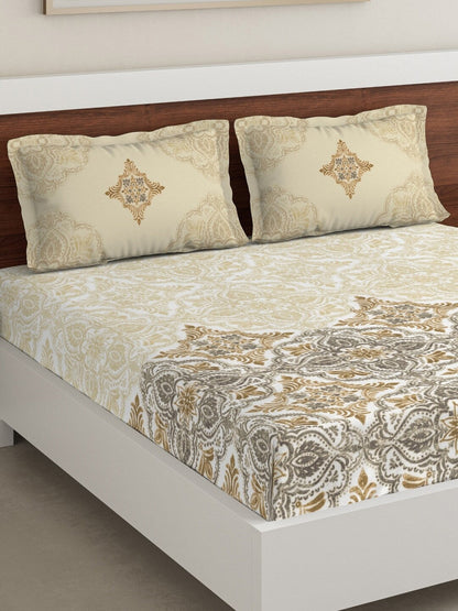 DDecor Beige & Grey Ethnic Motifs 180 TC Cotton 1 King Bedsheet with 2 Pillow Covers