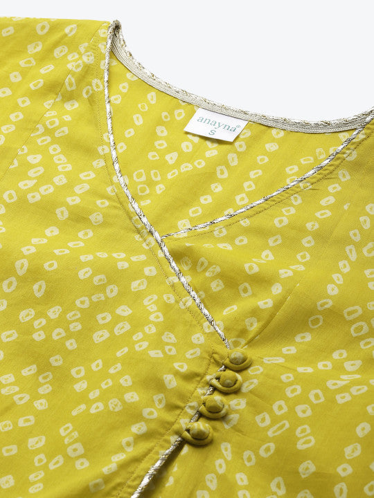 Anayna Women Lime Green & Off White Bandhani Screen Print Cotton Angrakha Kurta