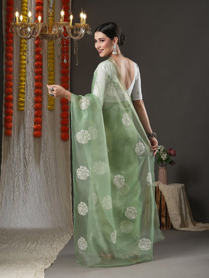 Saree Mall Olive Green & White Paisley Embroidered Organza Banarasi Sarees