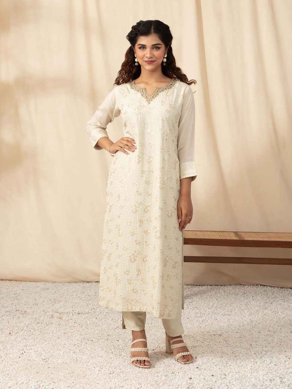 Likha Ivory All Over Embroidered Aline Kurta Pant Set Dupatta LIKSKD58 (Set of 3) - L