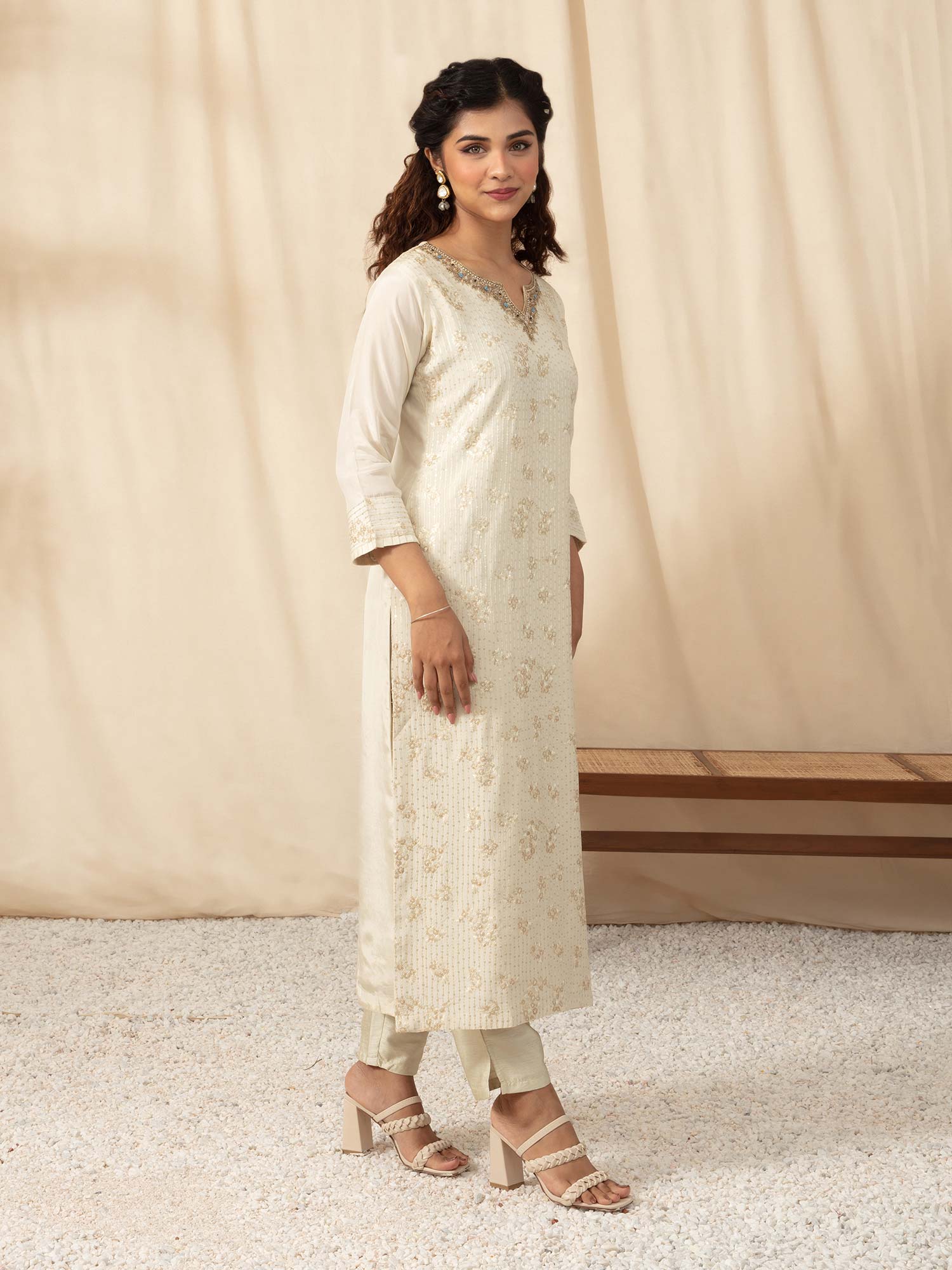 Likha Ivory All Over Embroidered Aline Kurta Pant Set Dupatta LIKSKD58 (Set of 3) - L