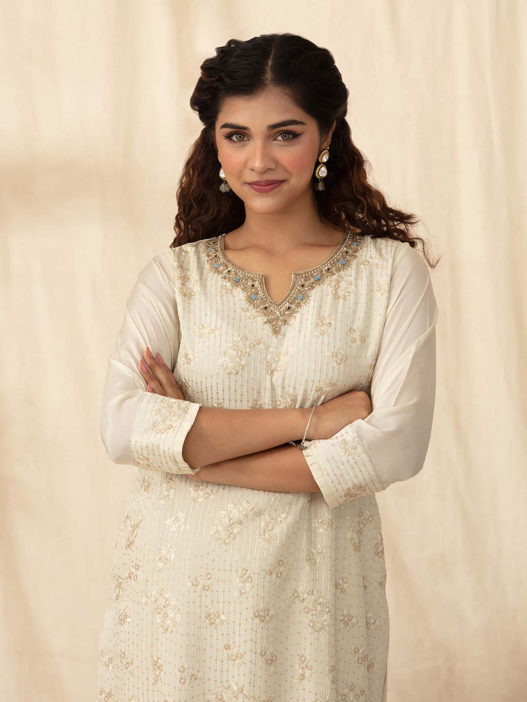 Likha Ivory All Over Embroidered Aline Kurta Pant Set Dupatta LIKSKD58 (Set of 3) - L