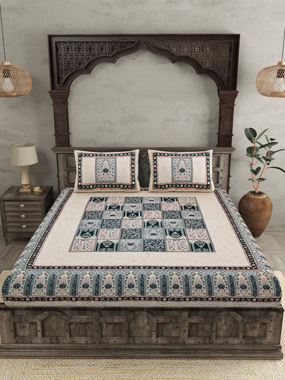 JAIPUR FABRIC Beige & Green Ethnic Motifs Cotton 210 TC Queen Bedsheet & 2 Pillow Covers