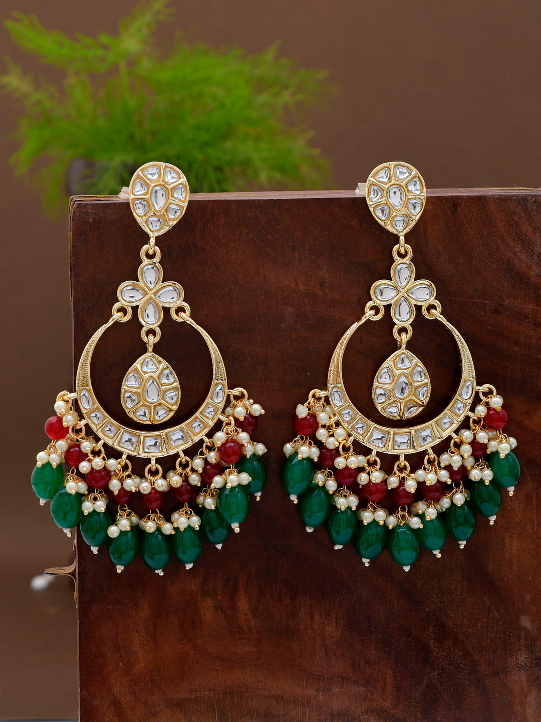 Shoshaa Green Contemporary Kundan Chandbalis Earrings