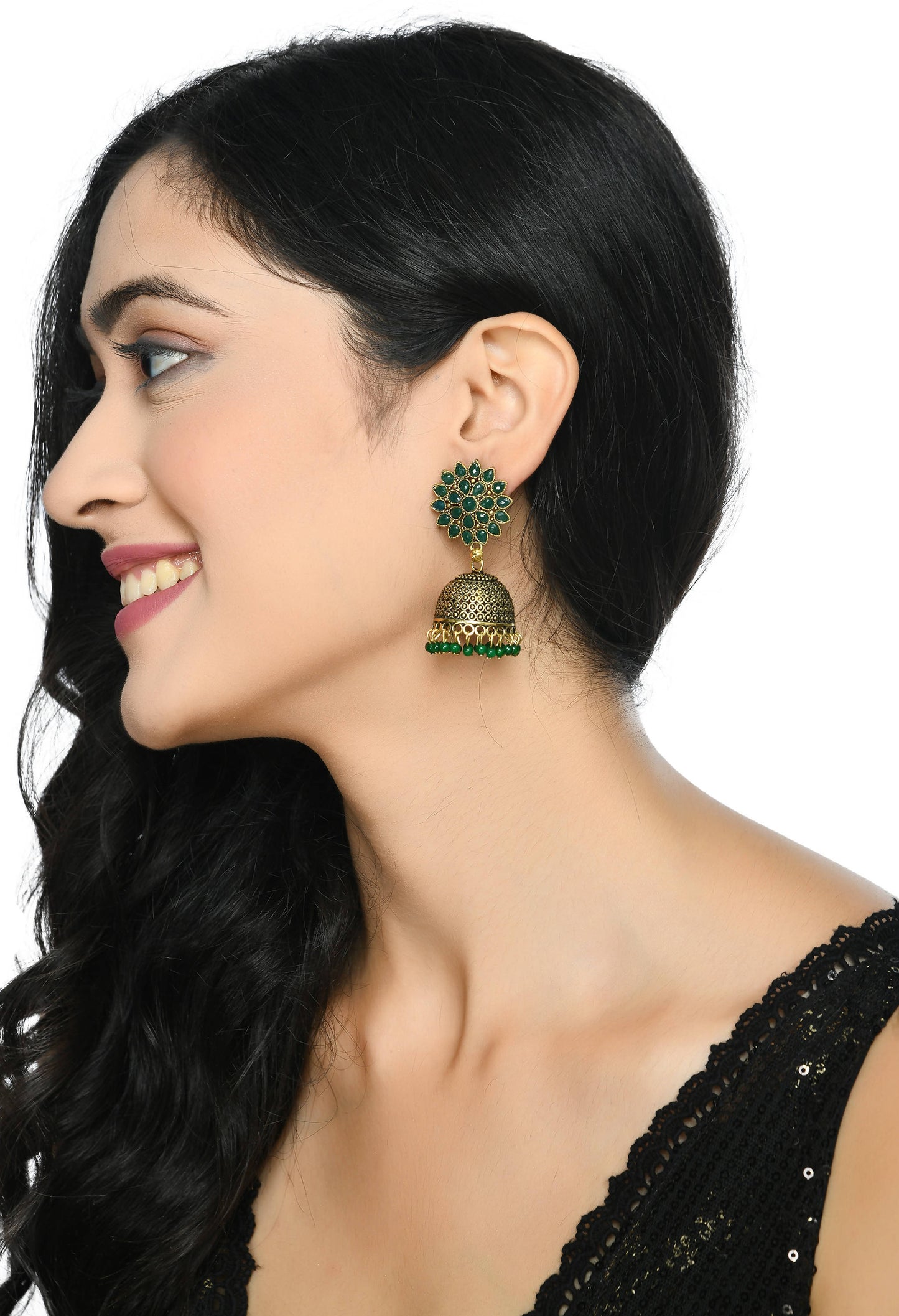 Mominos Fashion Johar Kamal Beautiful Kundan Work Jhumka With Green Beads