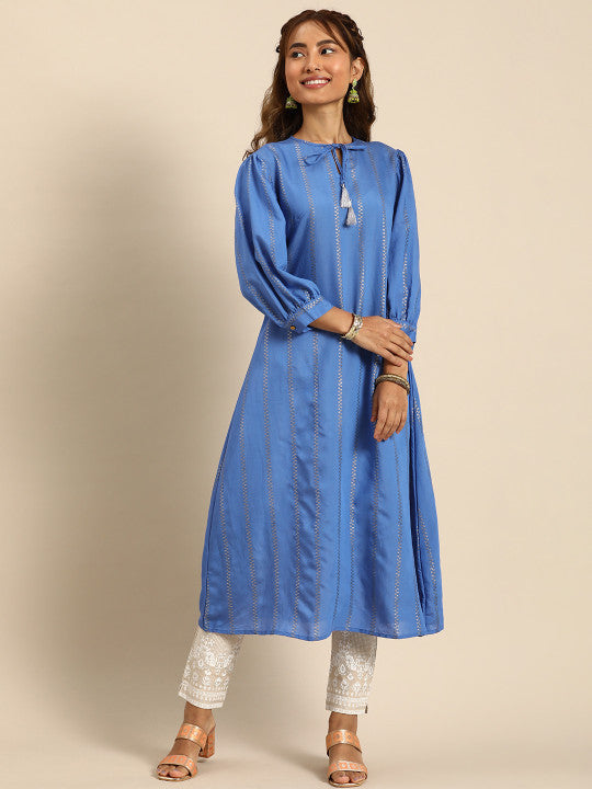 Women Jacquard Chanderi Silk Tie-Up Neck Puff Sleeves Kurta With Sequin Detail