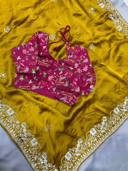 Teeya Creation New Trendy Party Wear Soft Satin Chiffon Saree-Yellow