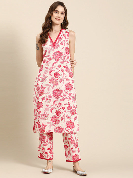 Anayna Floral Printed Cotton Linen Blend Kurta with Trousers