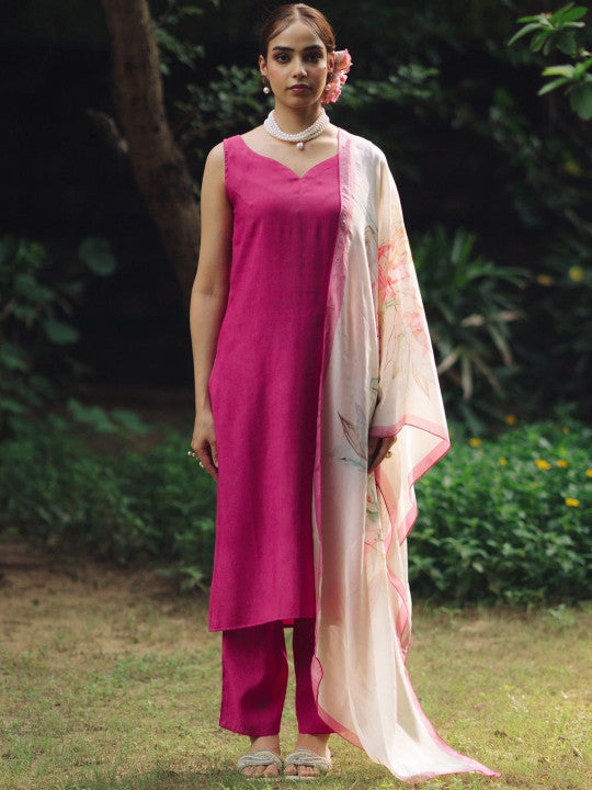 Anayna V-Neck Regular Silk Straight Kurta with Trousers & Dupatta