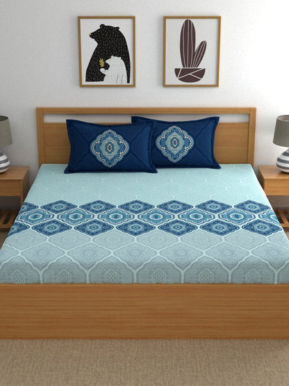 Dreamscape Blue Ethnic Motifs 140 TC Fitted Cotton King Bedsheet & Pillow Covers