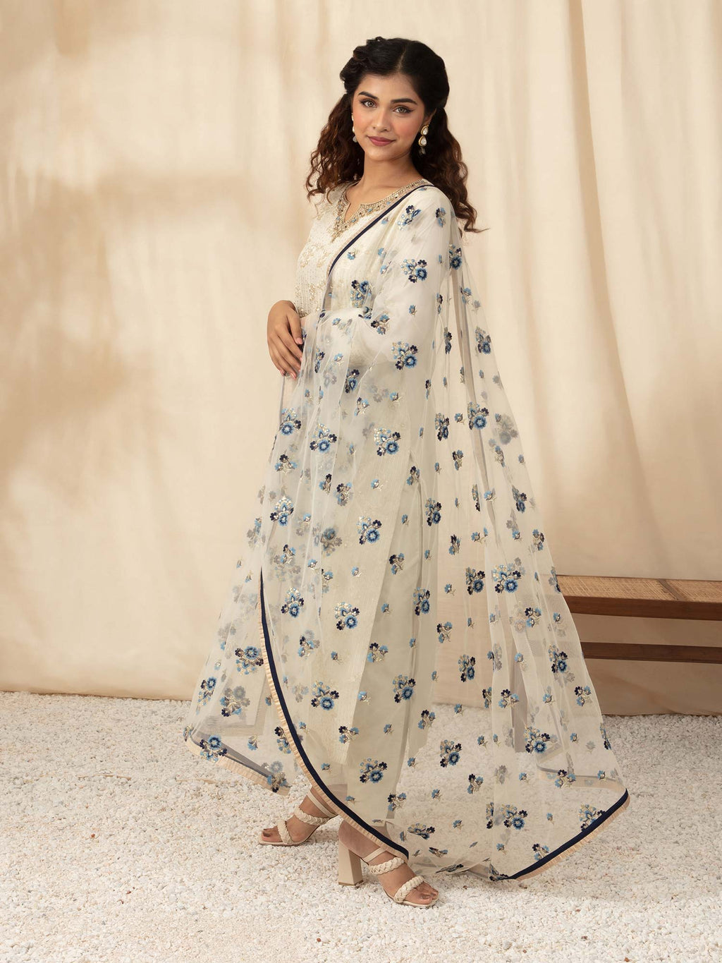 Likha Ivory All Over Embroidered Aline Kurta Pant Set Dupatta LIKSKD58 (Set of 3) - L