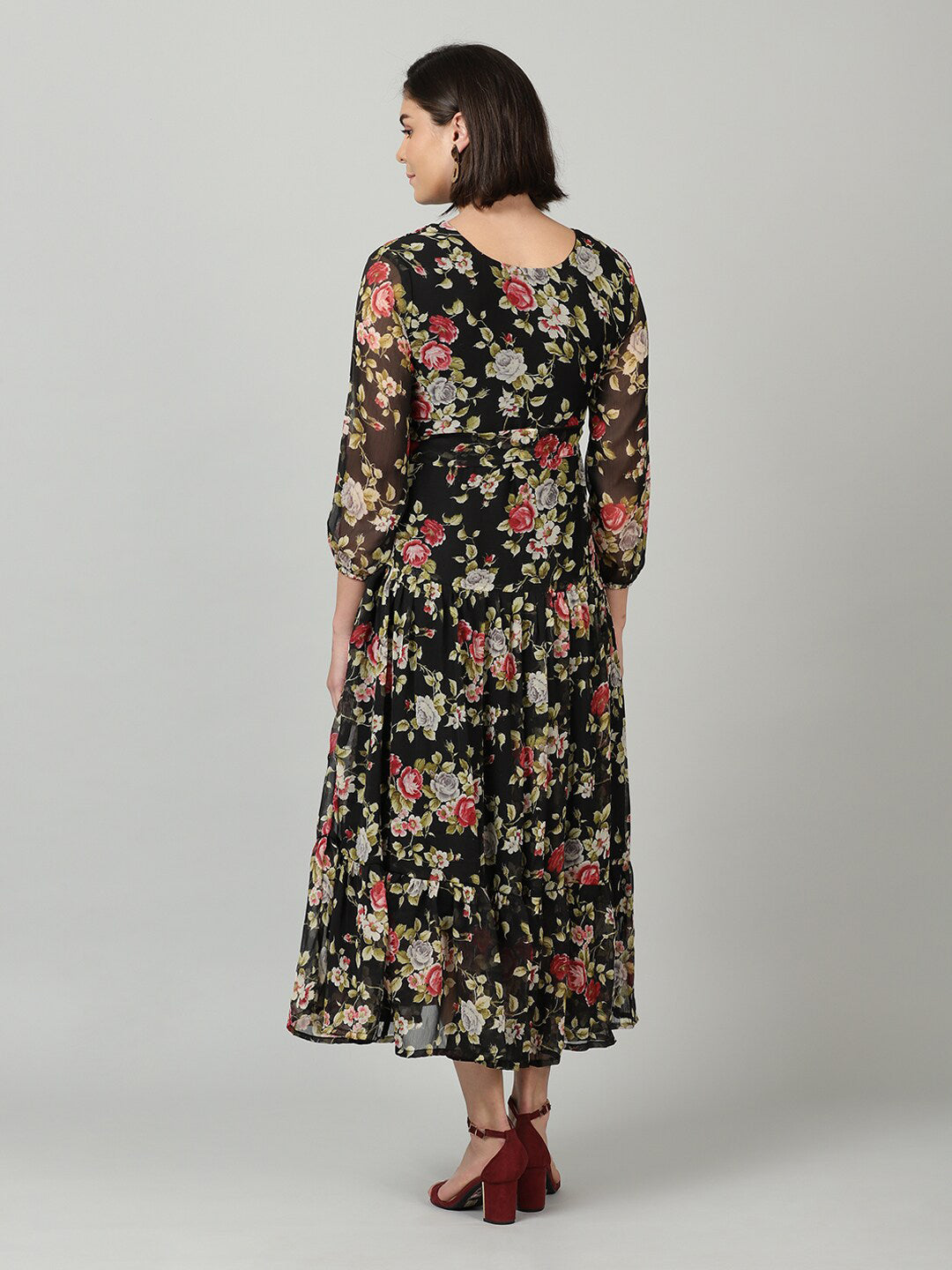 Souchii Black & Pink Floral Chiffon Midi Dress