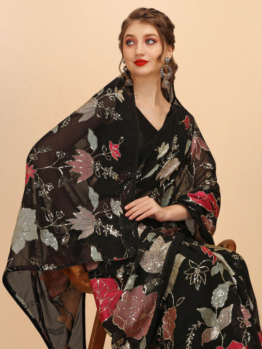 Sangria Black & Red Floral Sequinned Pure Georgette Saree