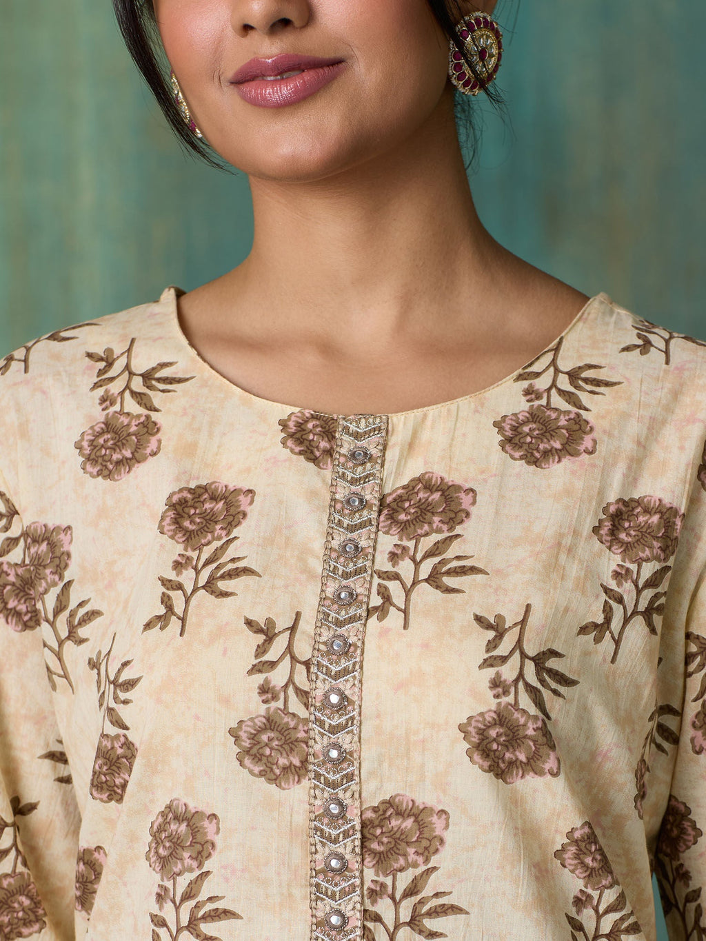 Likha Beige Jaipuri Printed Kurta Pant and Dupatta LIKSKD257 (Set of 3)