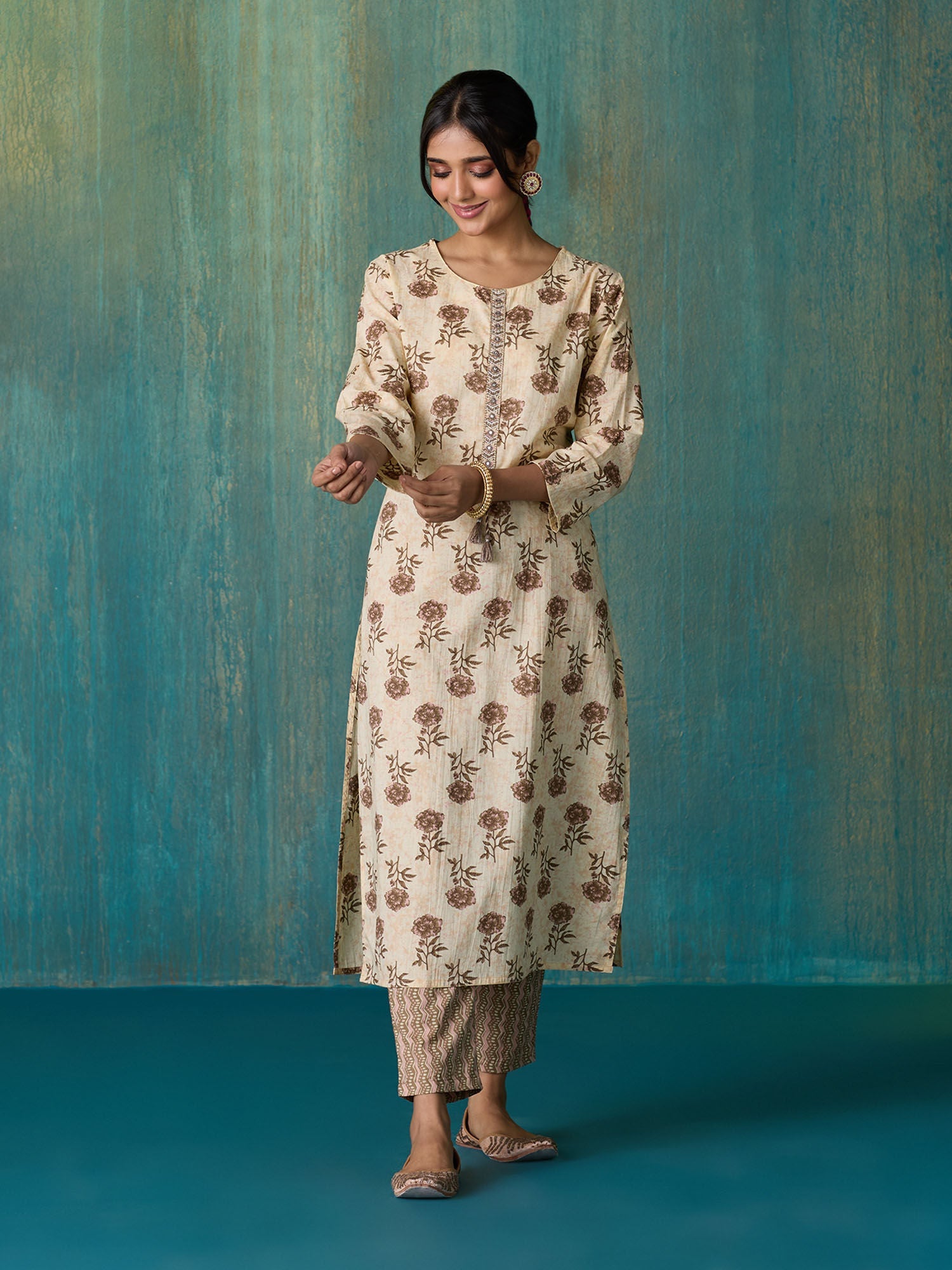 Likha Beige Jaipuri Printed Kurta Pant and Dupatta LIKSKD257 (Set of 3)