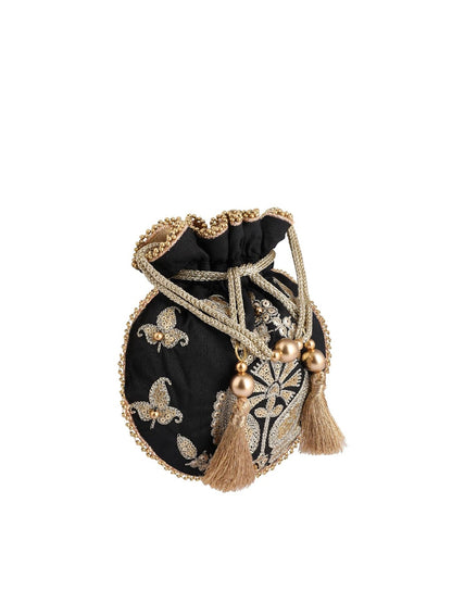 Masq Black & Gold-Toned Embellished Embroidered Potli Clutch