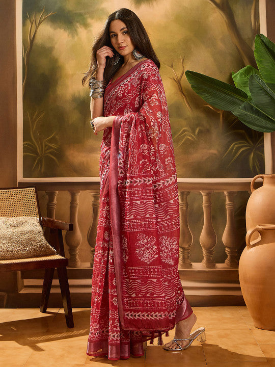 Sangria Women Warli Printed Linen Cotton Saree
