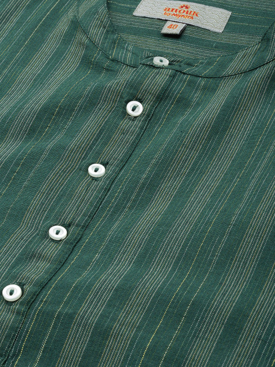 Anouk Men Green & Gold-Toned Striped Mandarin-Collar Kurta