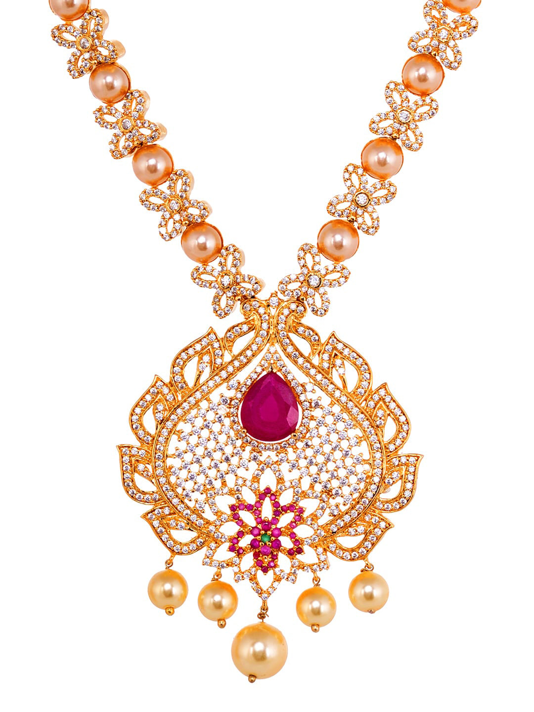 Saraf RS Jewellery Gold-Polished White & Pink American Diamond Studded & Beaded Handcrafted Jewellery Set