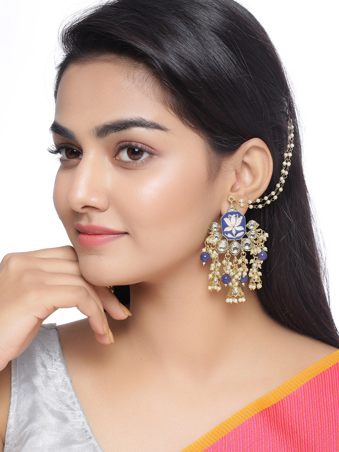 Shoshaa Women Gold-Polished Blue Contemporary Drop Earrings