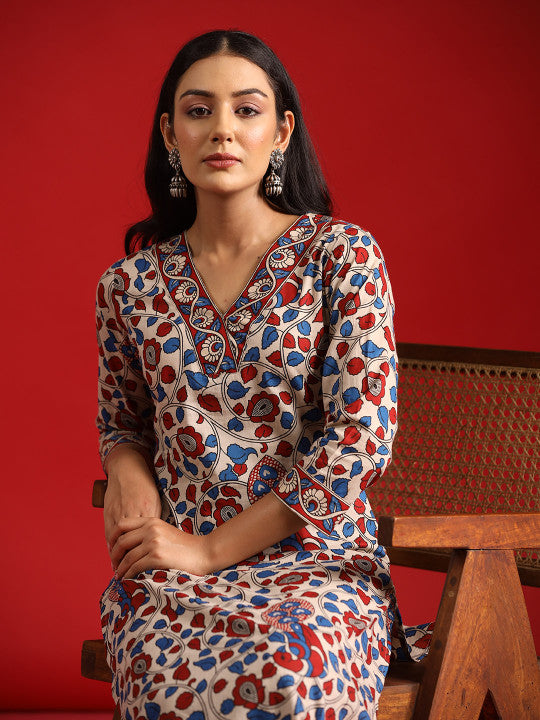Anayna Women Beige Floral Printed Pure Cotton Kurta with Trousers
