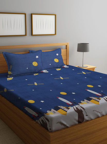 Home Sizzler Blue & Yellow Cartoon Characters 144 TC Bedsheet with Pillow Covers