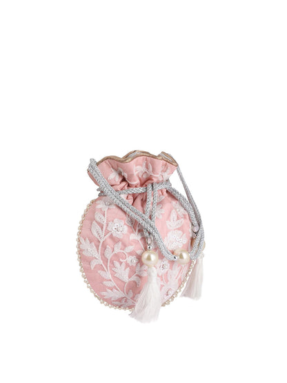 Masq Pink & White Embellished Embroidered Potli Clutch