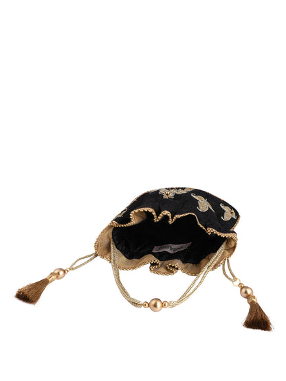 Masq Black & Gold-Toned Embroidered Potli Clutch