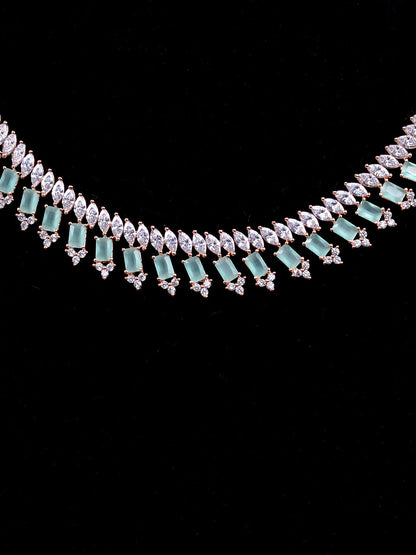 Saraf RS Jewellery Sea Green & Rose Gold-Polished American Diamond Studded Jewellery Set