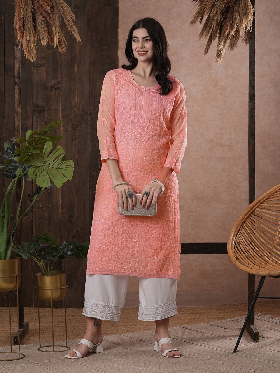 ADA Women Peach-Coloured Chikankari Hand Embroidered Straight Kota Handloom Kurta With Matching Slip