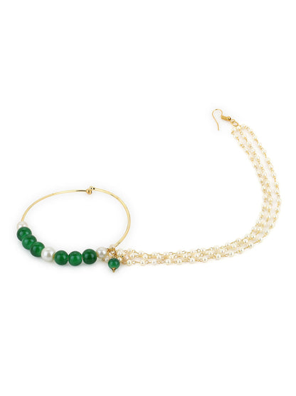 Gold-Polished White Green Stone-Studded Pearl Beaded Nosepin - Ruby Raang