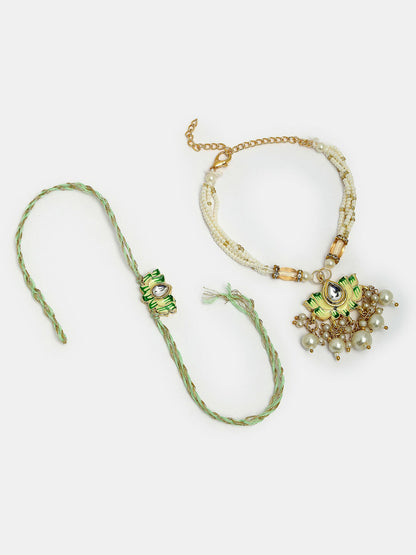 NVR Women & Men Set of 2 Green Lotus Shape Kundan-Studded & Beaded Handcrafted Wraparound Rakhi Set With Roli Chawal