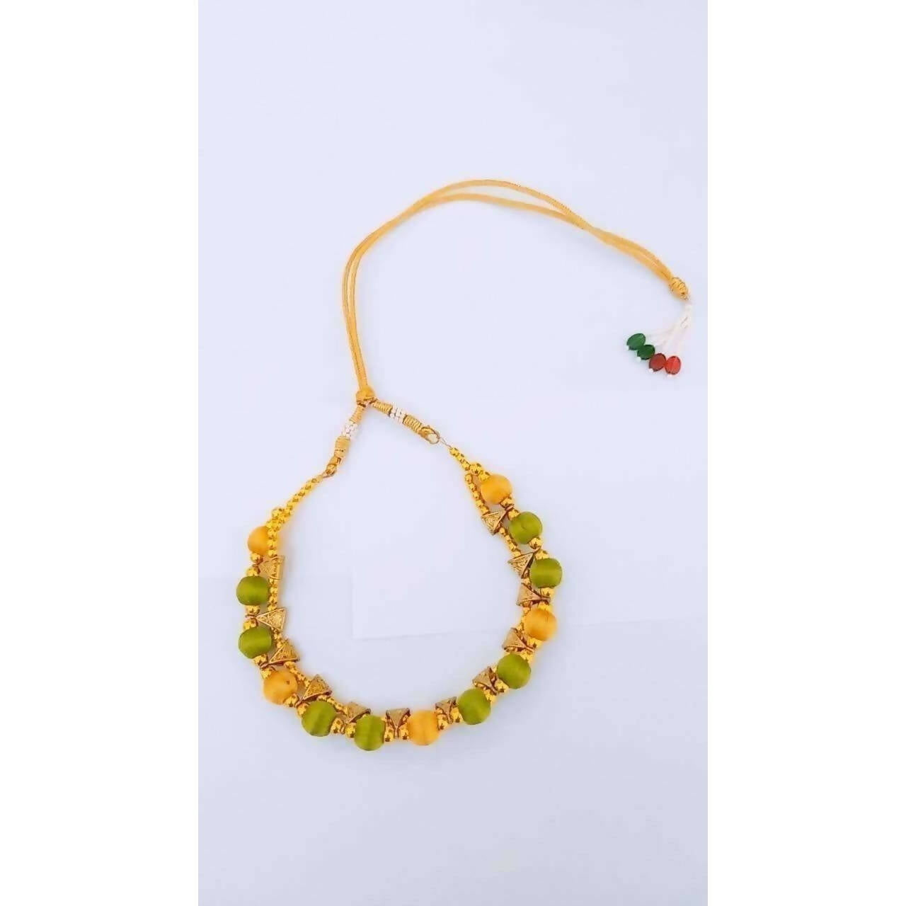 Green and Gold Silk Threaded Necklace Set with Earrings and Maang Tika