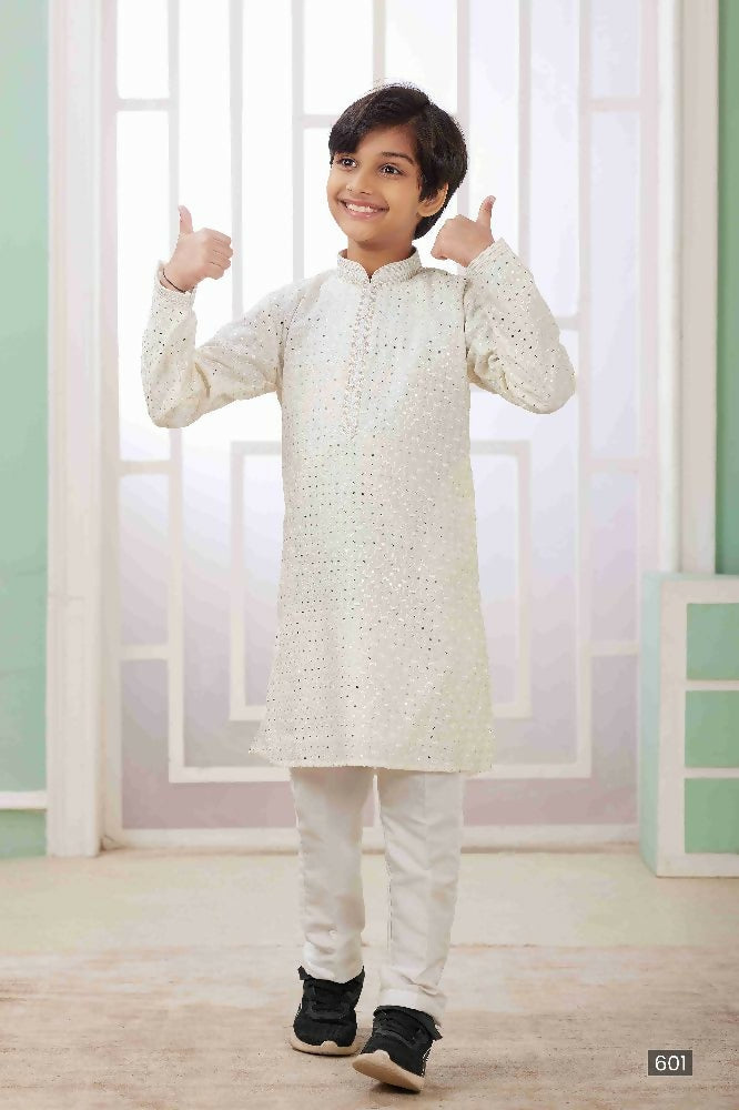 Raivat Ethnic Art Silk Embroidery Work Kids Kurta Pajama In Cream Colour