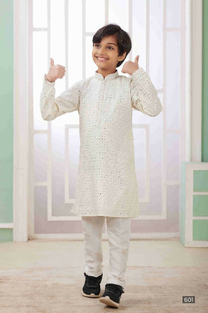 Raivat Ethnic Art Silk Embroidery Work Kids Kurta Pajama In Cream Colour