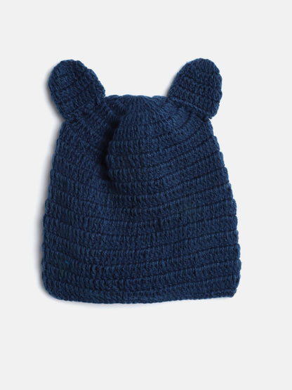 Chutput Kids Woollen Hand Knitted Bear Detail Cap - Blue