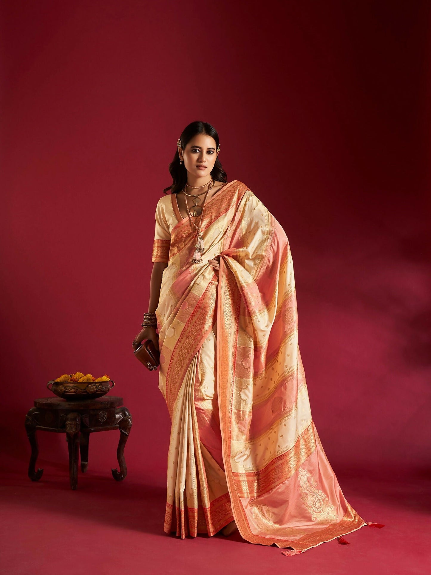 Joban Fashion Cream & Pink Plain With Weaving Border Banarasi Silk Sarees