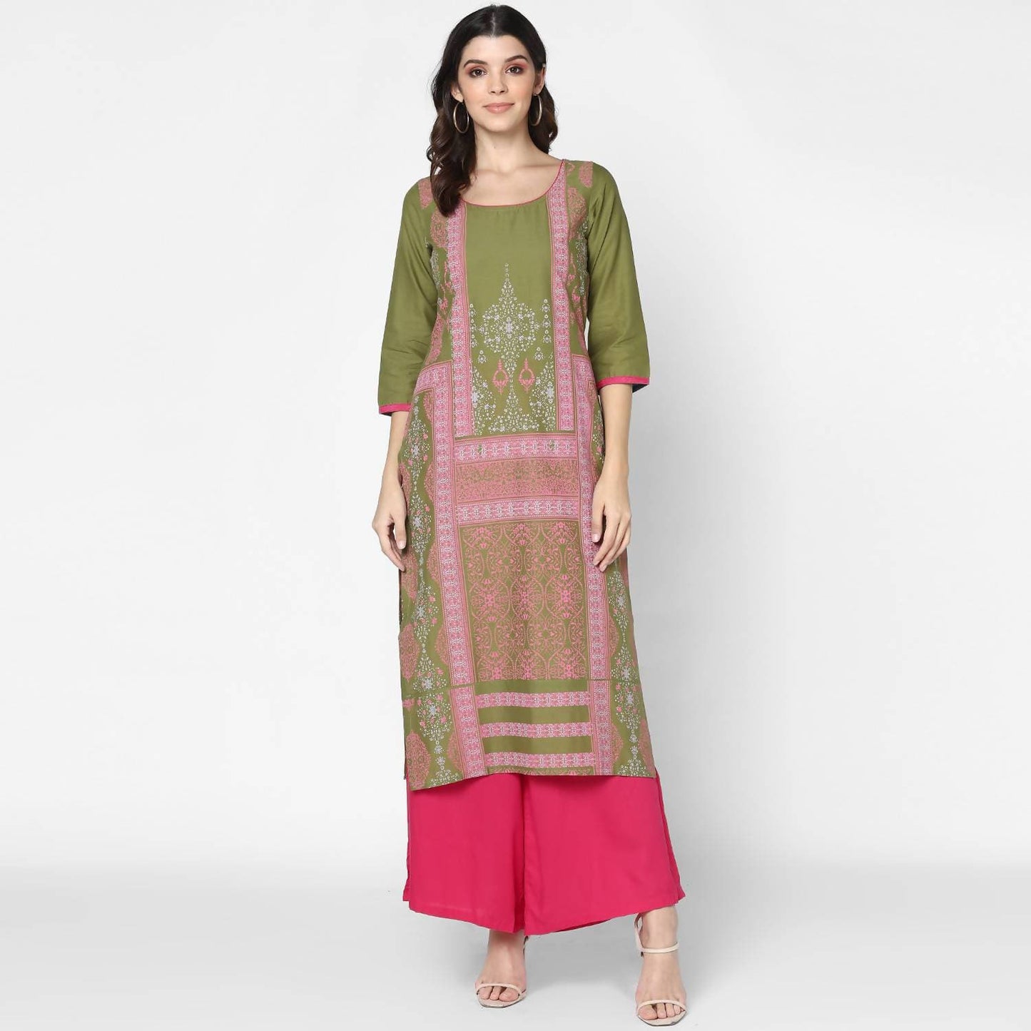 Cheera Hand Block Print Military Color Straight Kurta (MAAI-047K)